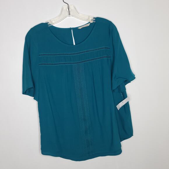 NEW Soft Surroundings Teal Blouse Ladder Stitching Short Sleeve Women Small P - Picture 8 of 10